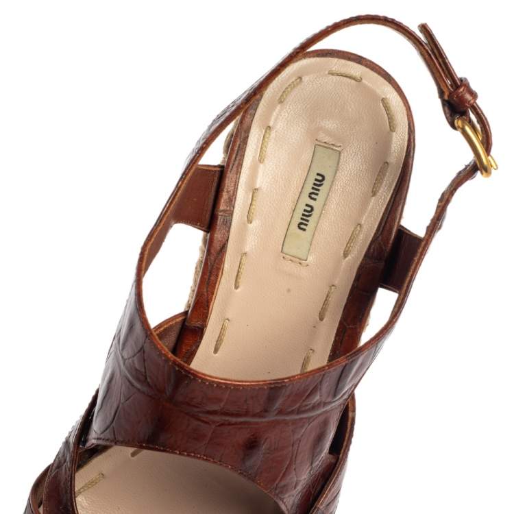 Pre Owned Miu Miu Brown Embossed Leather Espadrille Wedge Sandals Size 37.5