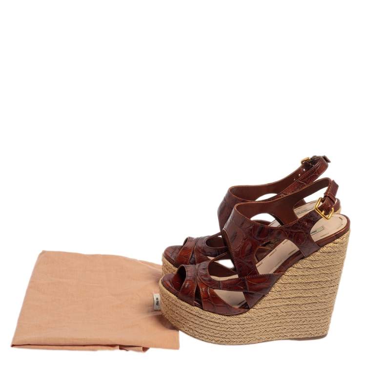 Pre Owned Miu Miu Brown Embossed Leather Espadrille Wedge Sandals Size 37.5