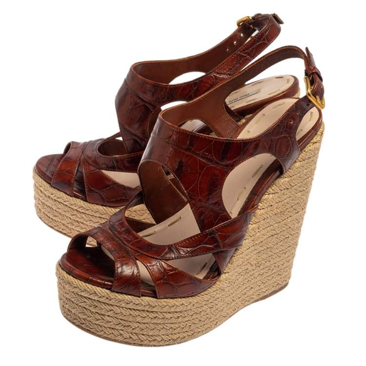 Pre Owned Miu Miu Brown Embossed Leather Espadrille Wedge Sandals Size 37.5