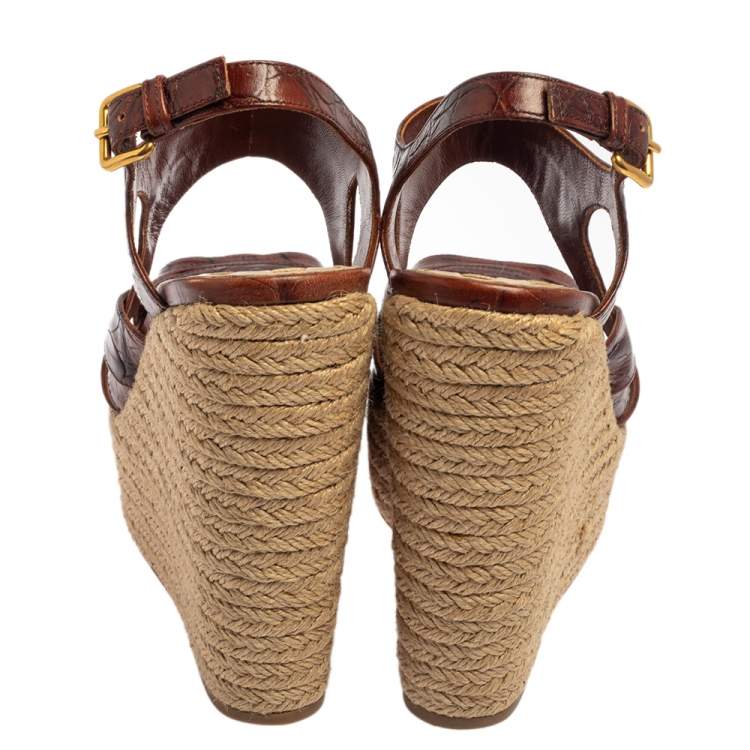 Pre Owned Miu Miu Brown Embossed Leather Espadrille Wedge Sandals Size 37.5