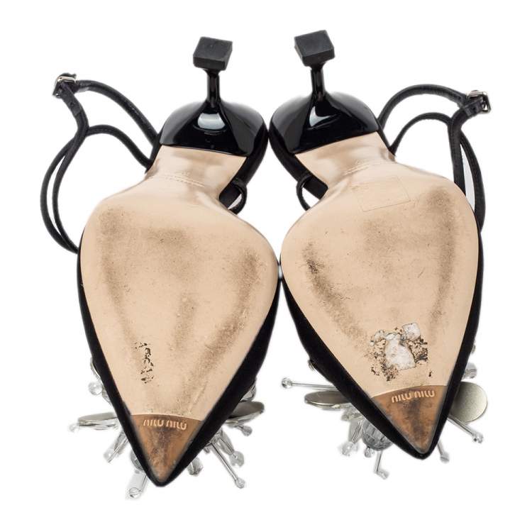 مملوكة مسبقًا Miu Miu Black Satin Embellisehd Slingback Sandals Size 37