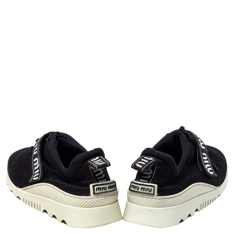 Pre Owned Miu Miu Black Cotton Knit Graphic Trim Sneakers Size 41
