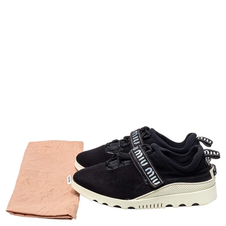 Pre Owned Miu Miu Black Cotton Knit Graphic Trim Sneakers Size 41
