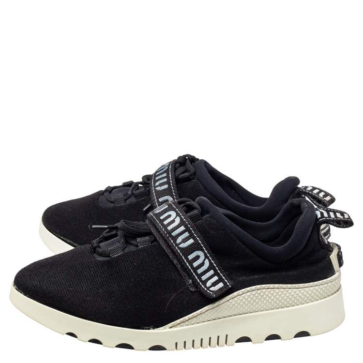 Pre Owned Miu Miu Black Cotton Knit Graphic Trim Sneakers Size 41