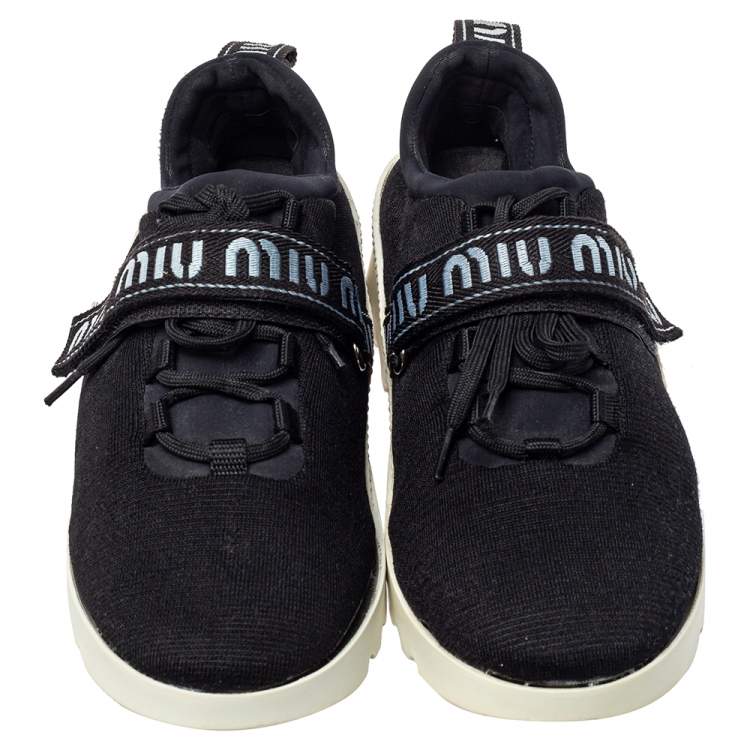 Pre Owned Miu Miu Black Cotton Knit Graphic Trim Sneakers Size 41