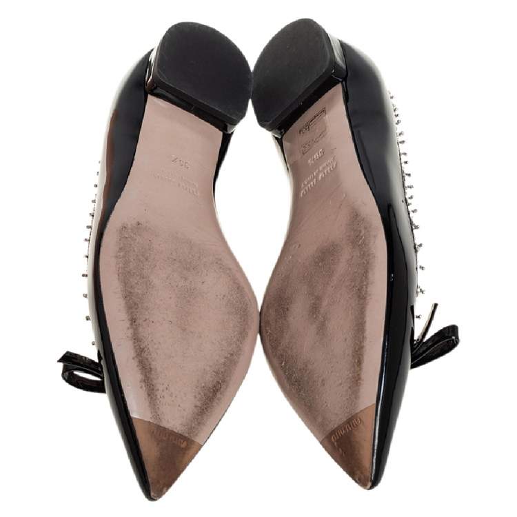 Pre Owned Miu Miu Black Patent Leather Crystal Embellished Pointed Toe Ballet Flats Size 36.5