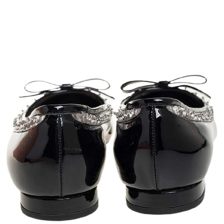 Pre Owned Miu Miu Black Patent Leather Crystal Embellished Pointed Toe Ballet Flats Size 36.5