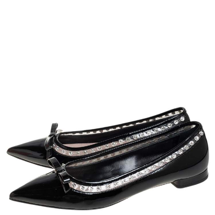 Pre Owned Miu Miu Black Patent Leather Crystal Embellished Pointed Toe Ballet Flats Size 36.5