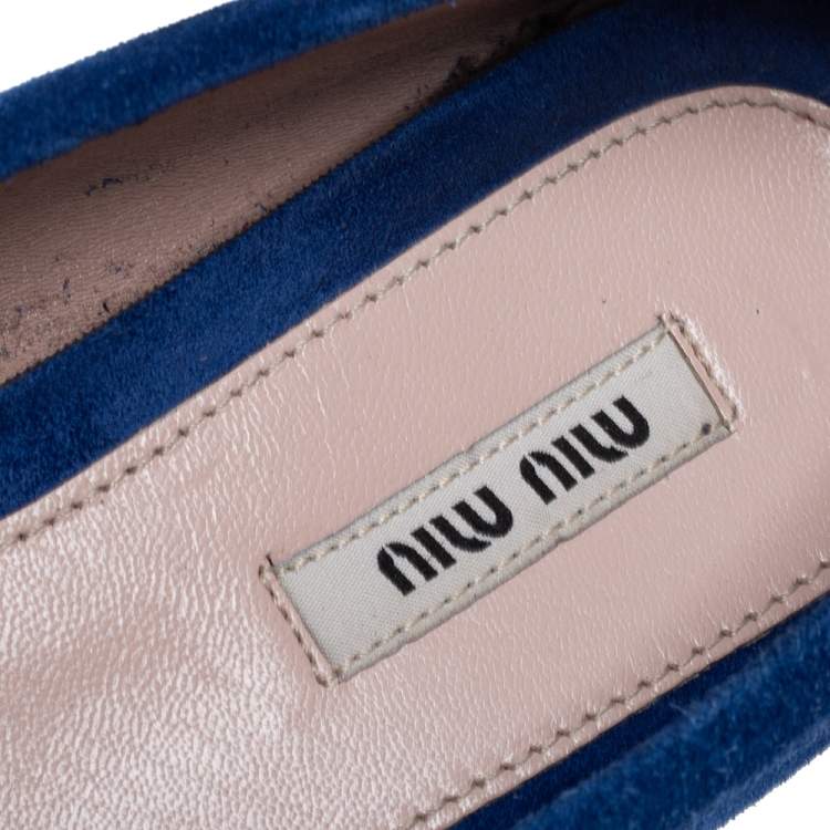 Pre Owned Miu Miu Blue Suede Crystal Embellished Slip On Loafers Size 39.5