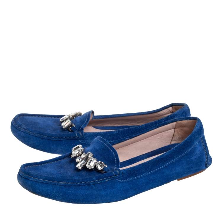 Pre Owned Miu Miu Blue Suede Crystal Embellished Slip On Loafers Size 39.5