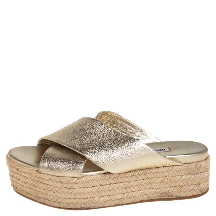 Pre Owned Miu Miu Metallic Gold Textured Leather Criss Cross Platform Espadrilles Size 38