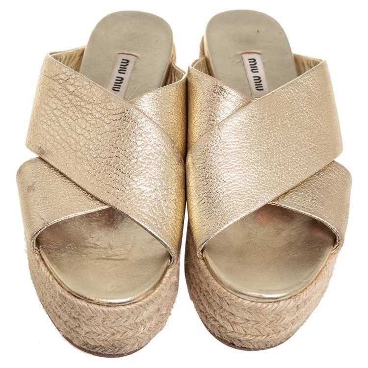 Pre Owned Miu Miu Metallic Gold Textured Leather Criss Cross Platform Espadrilles Size 38