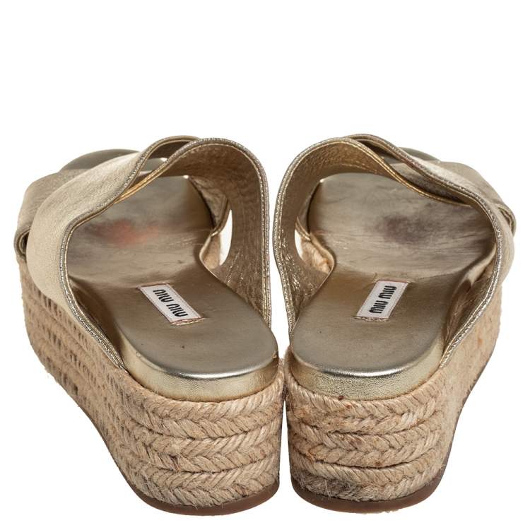 Pre Owned Miu Miu Metallic Gold Textured Leather Criss Cross Platform Espadrilles Size 38