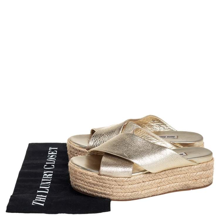 Pre Owned Miu Miu Metallic Gold Textured Leather Criss Cross Platform Espadrilles Size 38
