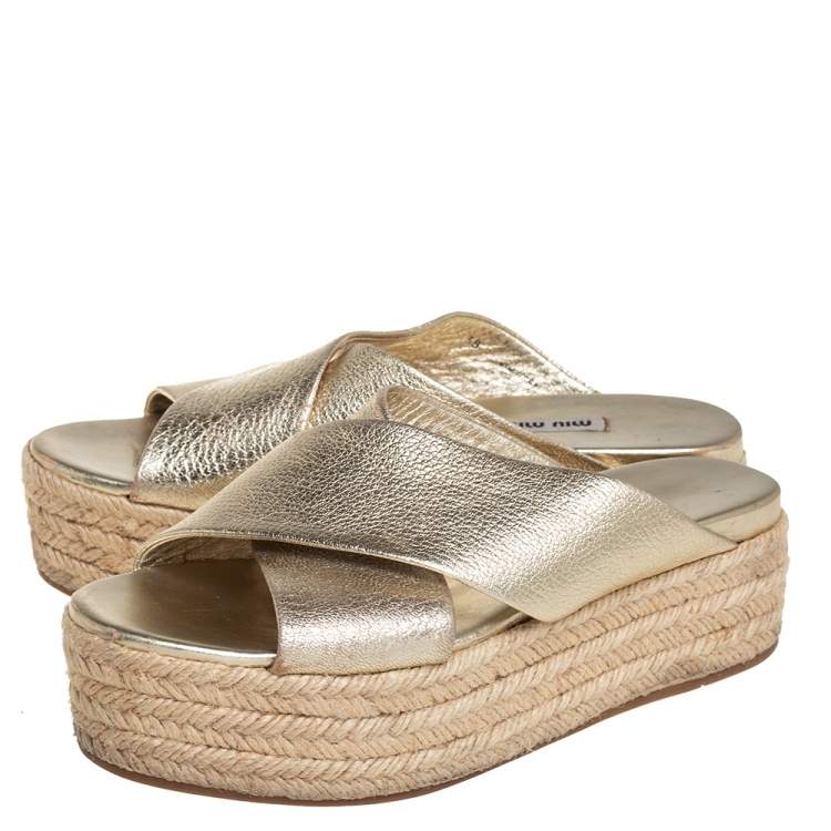 Pre Owned Miu Miu Metallic Gold Textured Leather Criss Cross Platform Espadrilles Size 38