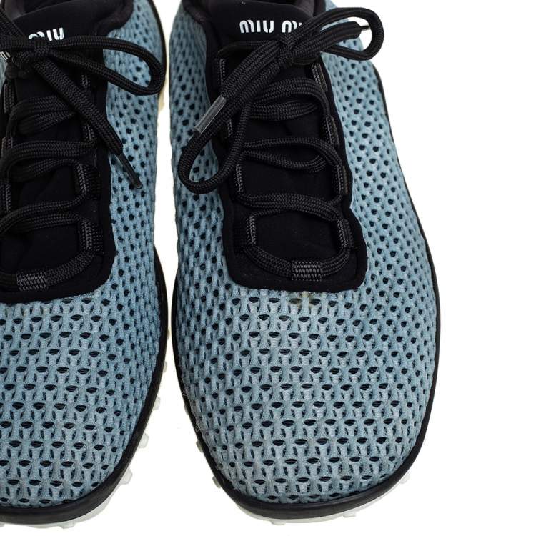 Pre Owned Miu Miu Blue/Black Mesh And Fabric Low Top Sneakers Size 38.5