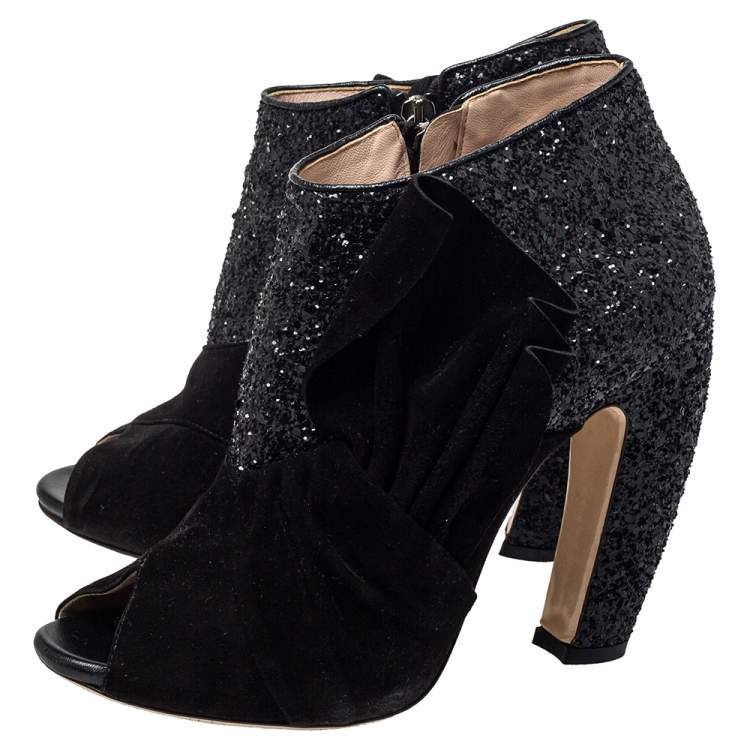Pre Owned Miu Miu Black Suede And Glitter Peep Toe Booties Size 38.5