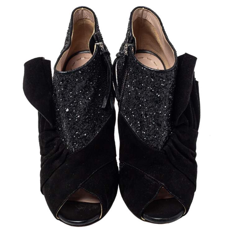 Pre Owned Miu Miu Black Suede And Glitter Peep Toe Booties Size 38.5