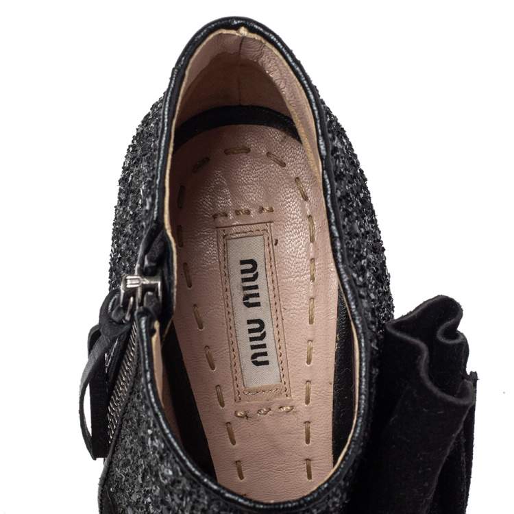 Pre Owned Miu Miu Black Suede And Glitter Peep Toe Booties Size 38.5