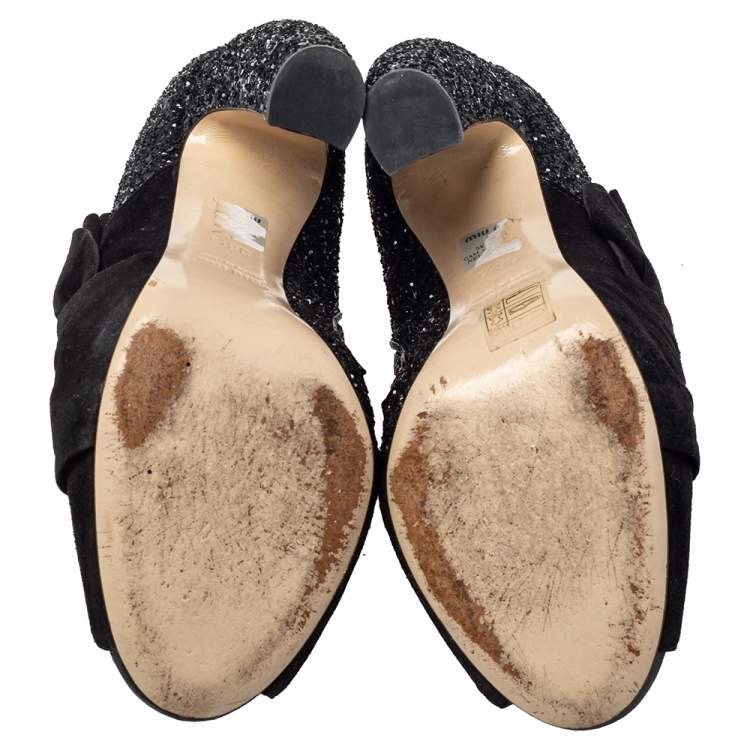 Pre Owned Miu Miu Black Suede And Glitter Peep Toe Booties Size 38.5