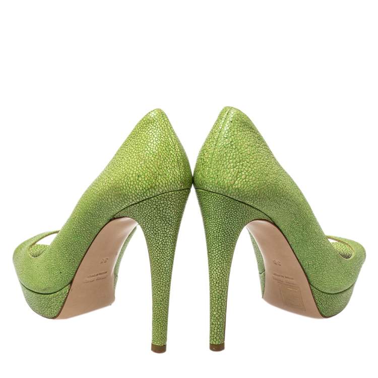 Pre Owned Miu Miu Green Leather Peep Toe Pumps Size 38