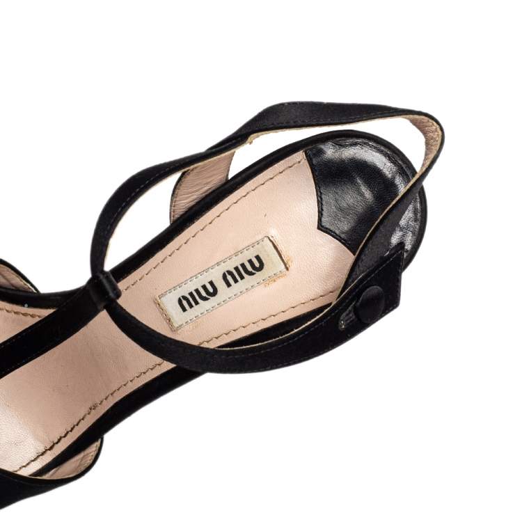 Pre Owned Miu Miu Black Satin T-Strap Crystal Embellished Heel Platform Sandals Size 38