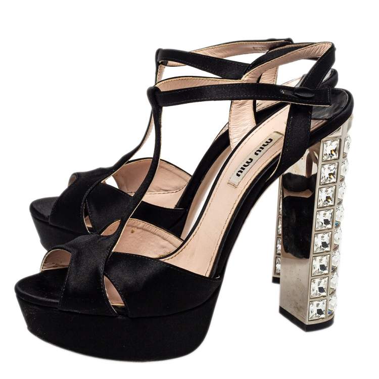 Pre Owned Miu Miu Black Satin T-Strap Crystal Embellished Heel Platform Sandals Size 38