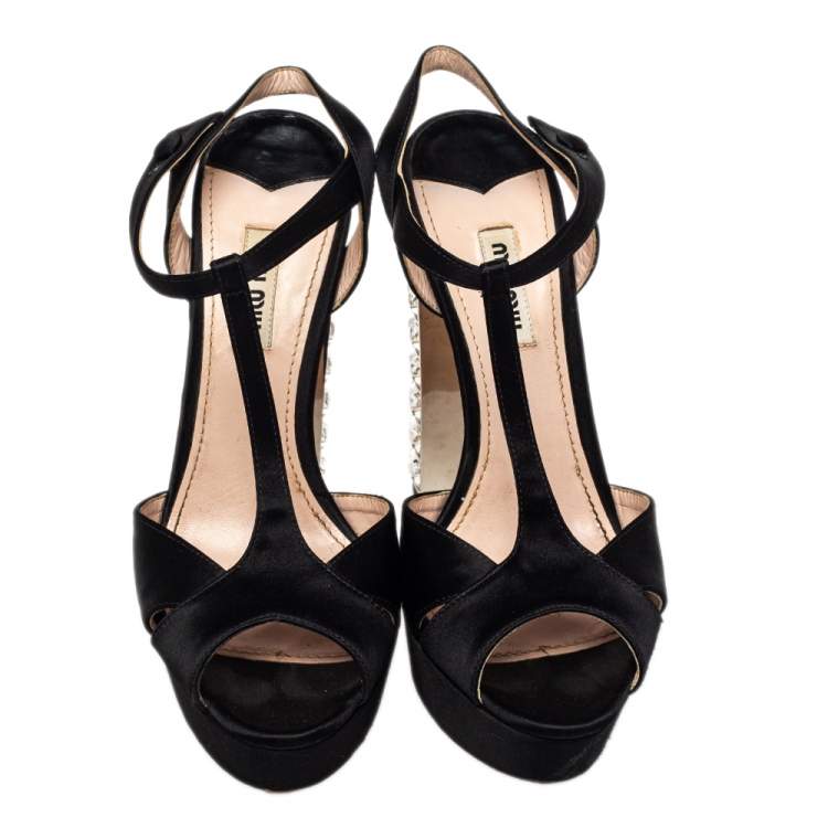 Pre Owned Miu Miu Black Satin T-Strap Crystal Embellished Heel Platform Sandals Size 38