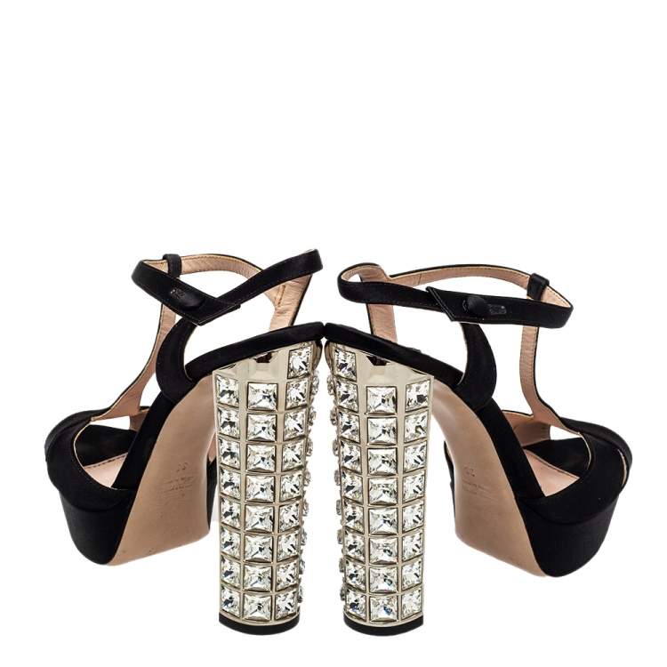 Pre Owned Miu Miu Black Satin T-Strap Crystal Embellished Heel Platform Sandals Size 38