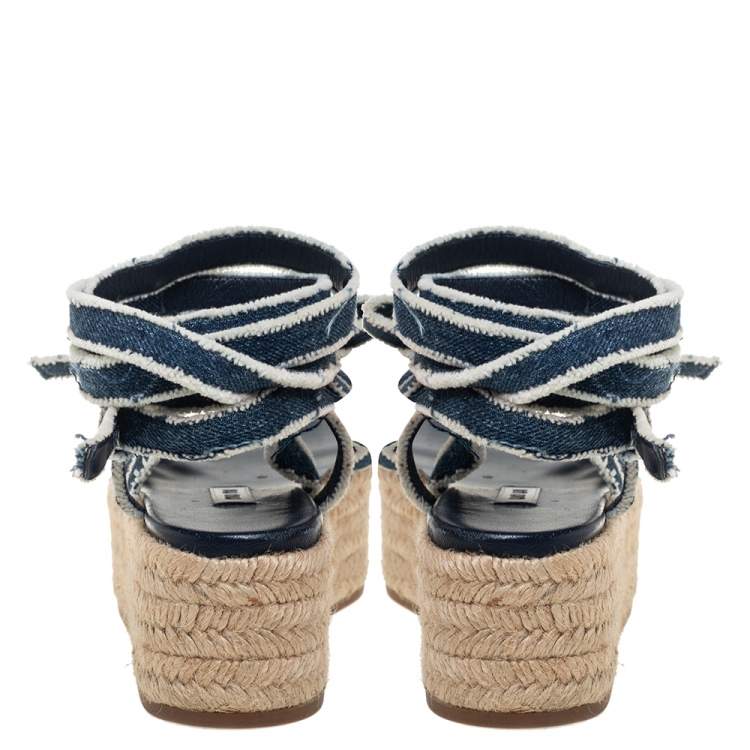 Pre Owned Miu Miu Blue/White Denim Wrap Around Flat Sandals Size 34.5