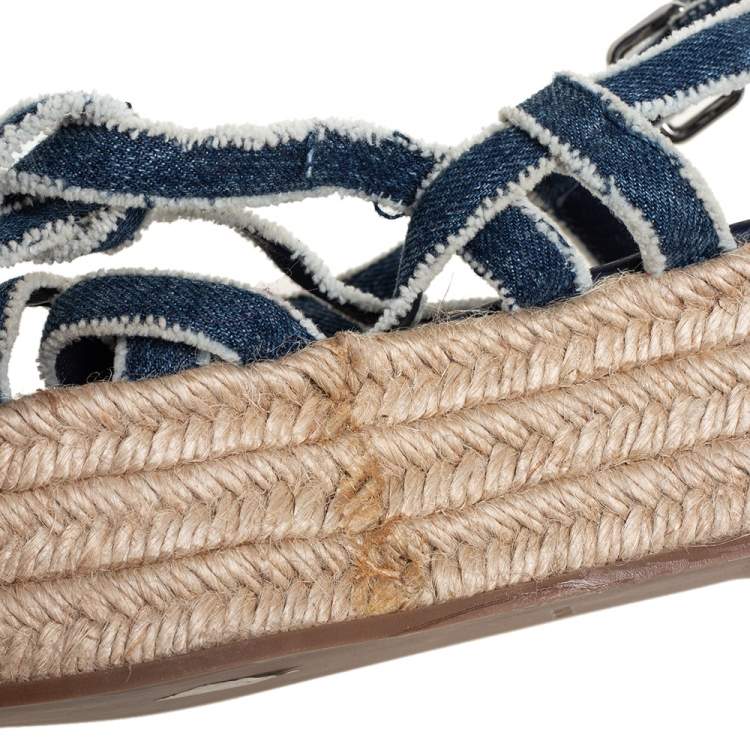 Pre Owned Miu Miu Blue/White Denim Wrap Around Flat Sandals Size 34.5
