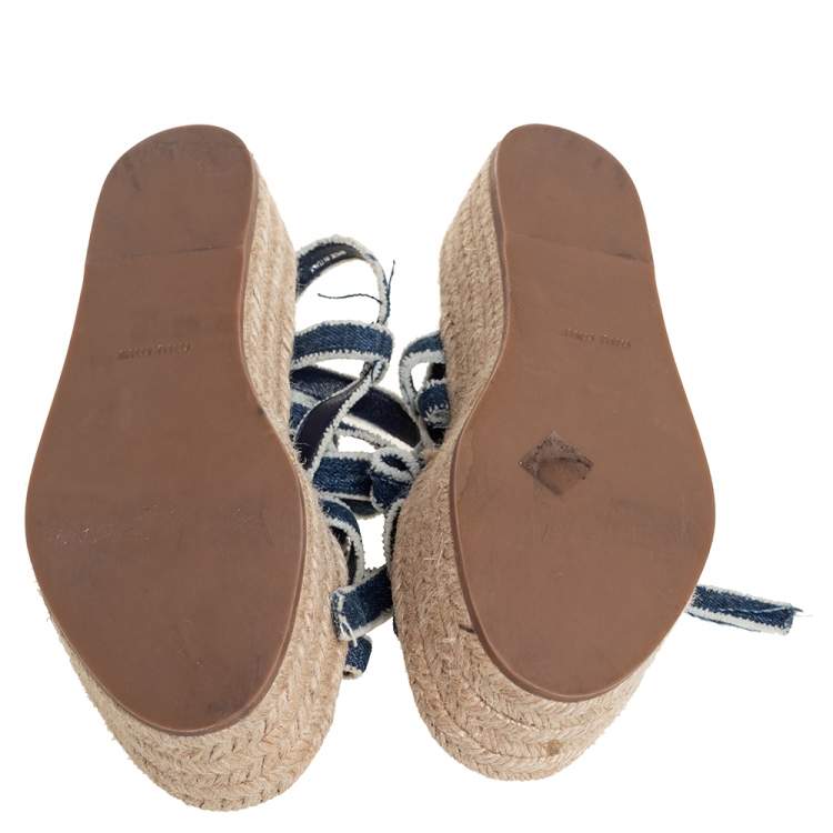 Pre Owned Miu Miu Blue/White Denim Wrap Around Flat Sandals Size 34.5