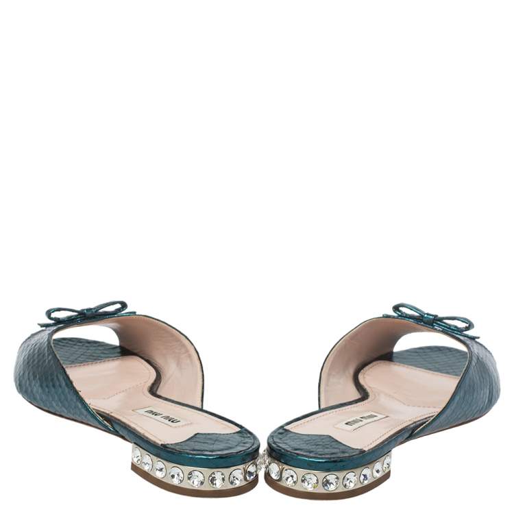 Pre Owned Miu Miu Metallic Green Python Embossed Leather Bow Detail Jeweled Heel Flat Slides Size 38.5