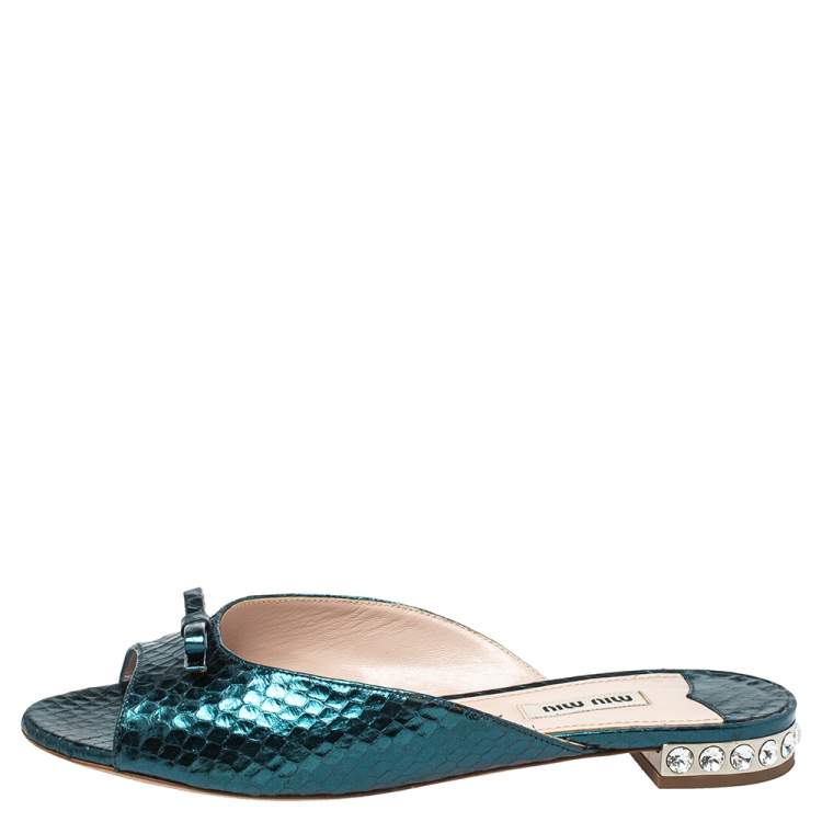 Pre Owned Miu Miu Metallic Green Python Embossed Leather Bow Detail Jeweled Heel Flat Slides Size 38.5