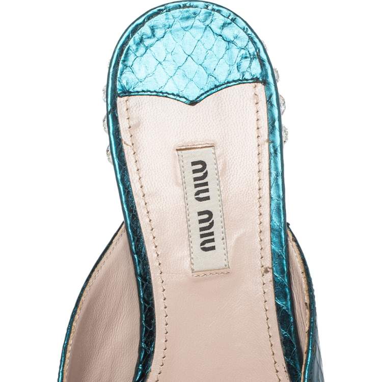 Pre Owned Miu Miu Metallic Green Python Embossed Leather Bow Detail Jeweled Heel Flat Slides Size 38.5