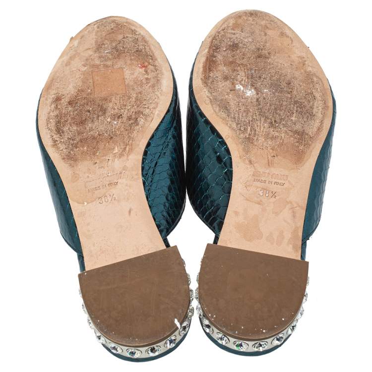 Pre Owned Miu Miu Metallic Green Python Embossed Leather Bow Detail Jeweled Heel Flat Slides Size 38.5