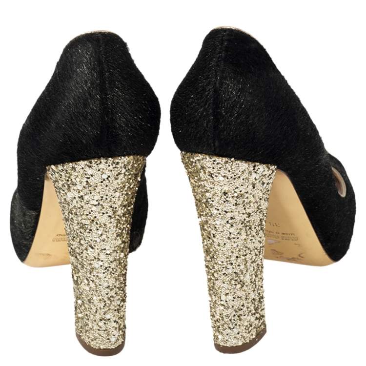 Pre Owned Miu Miu Gold/Black Glitter And Calf Hair Pumps Size 39