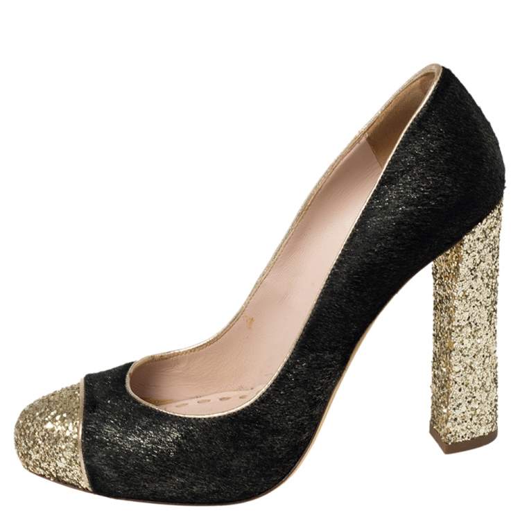 Pre Owned Miu Miu Gold/Black Glitter And Calf Hair Pumps Size 39