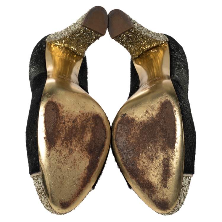 Pre Owned Miu Miu Gold/Black Glitter And Calf Hair Pumps Size 39
