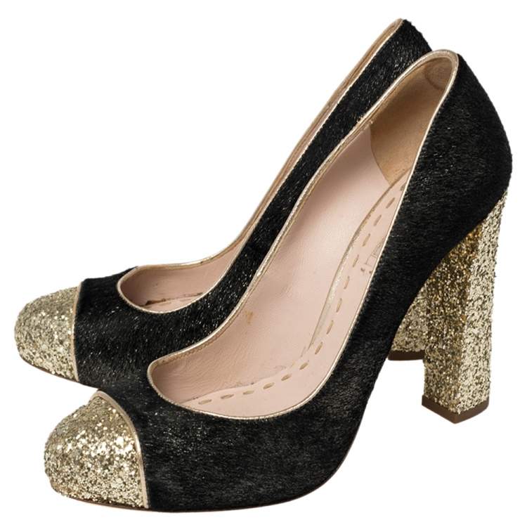 Pre Owned Miu Miu Gold/Black Glitter And Calf Hair Pumps Size 39