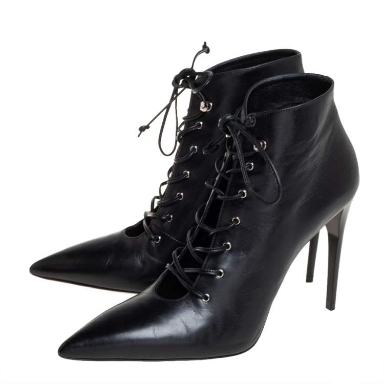 Pre Owned Miu Miu Black Leather Lace-Up Booties Size 40 