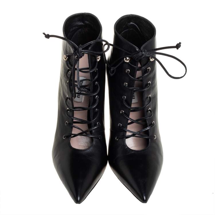 Pre Owned Miu Miu Black Leather Lace-Up Booties Size 40 