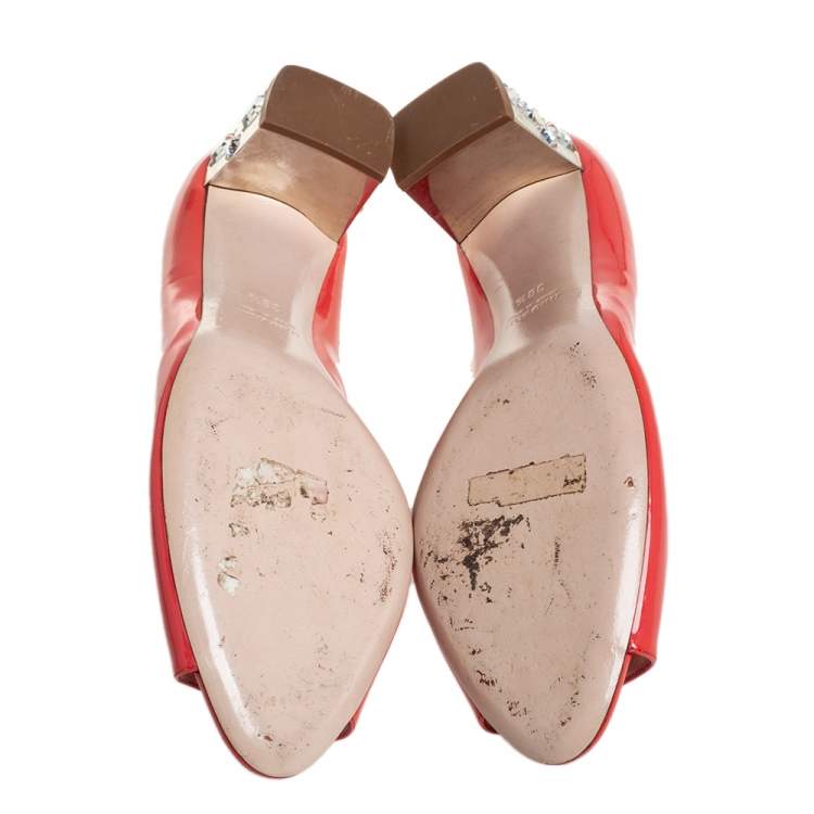 Pre Owned Miu Miu Orange Patent Leather Crystal Embellished Block Heel Peep Toe Pumps Size 38.5