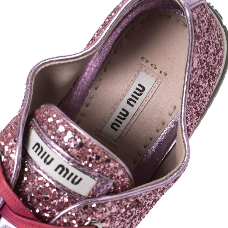 Pre Owned Miu Miu Pink Glitter Low Top Sneakers Size 39