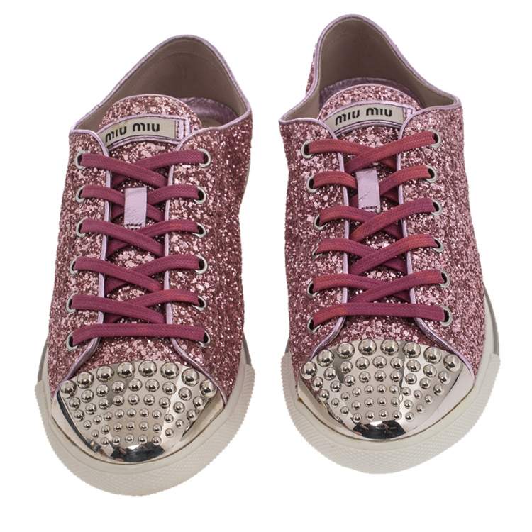 Pre Owned Miu Miu Pink Glitter Low Top Sneakers Size 39