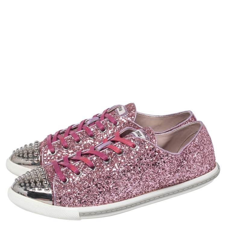 Pre Owned Miu Miu Pink Glitter Low Top Sneakers Size 39