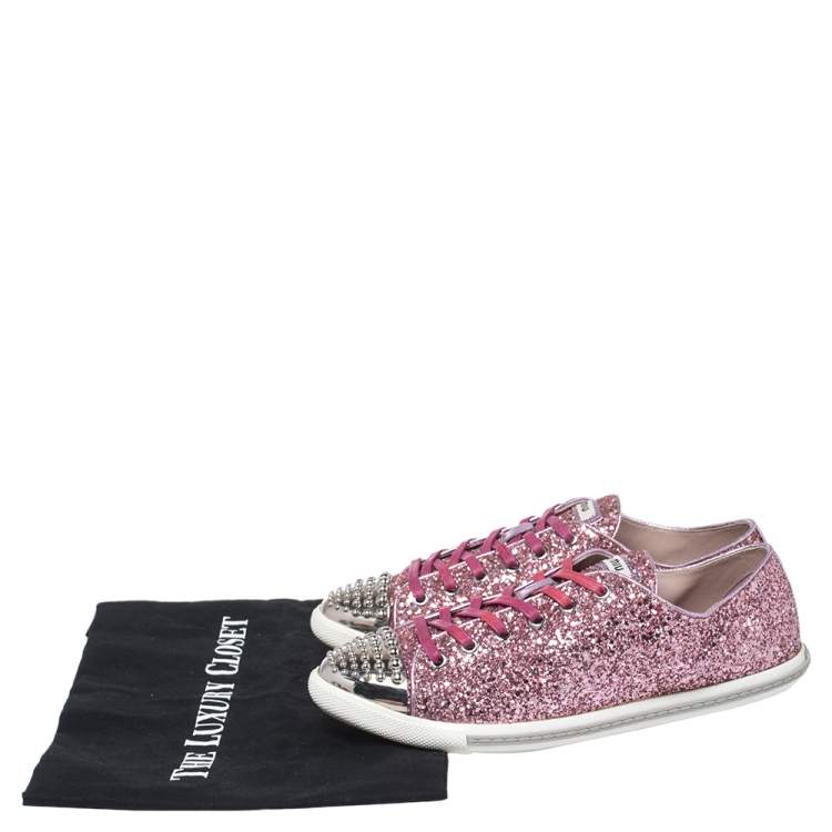 Pre Owned Miu Miu Pink Glitter Low Top Sneakers Size 39