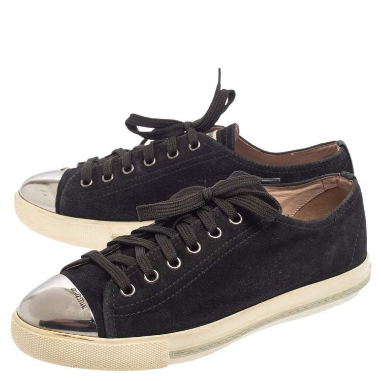 Pre Owned Miu Miu Black/Silver Patent Leather Metal Cap Toe Sneakers Size 38