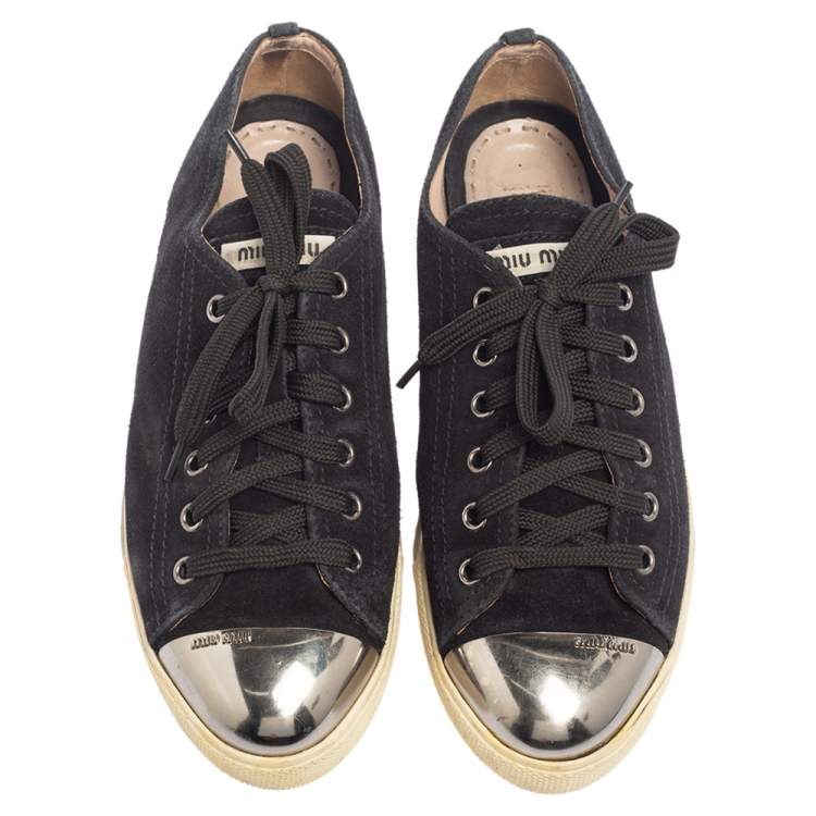 Pre Owned Miu Miu Black/Silver Patent Leather Metal Cap Toe Sneakers Size 38
