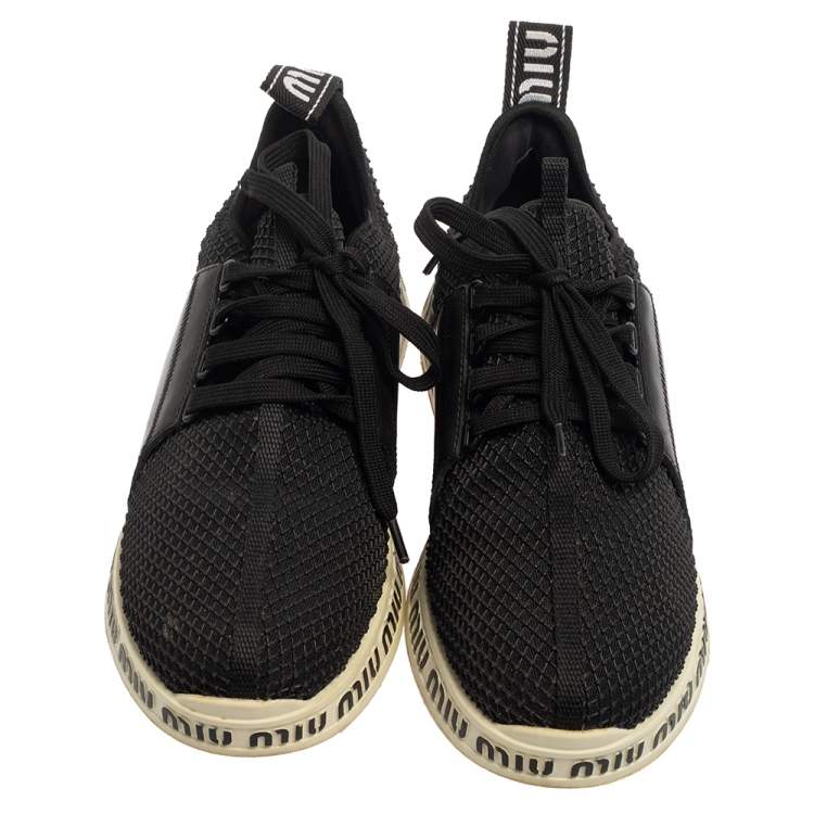 Pre Owned Miu Miu Black Leather And Rubber Lace Up Sneakers Size 39.5